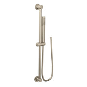 Brushed nickel handheld shower with slide bar, metal hose, and wall-mounted bracket.