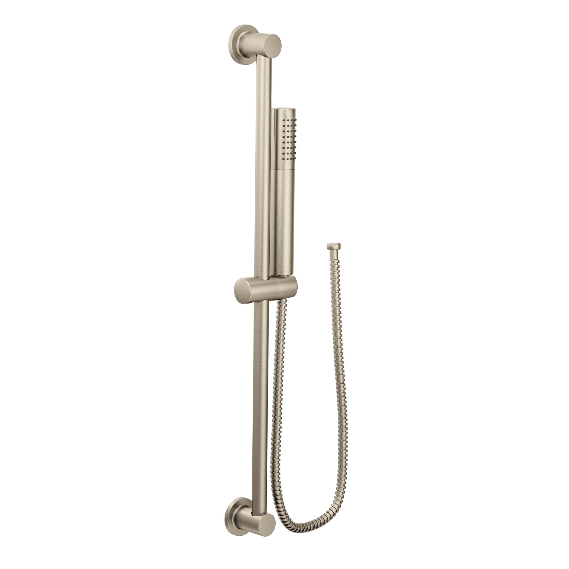 Brushed nickel handheld shower with slide bar, metal hose, and wall-mounted bracket.