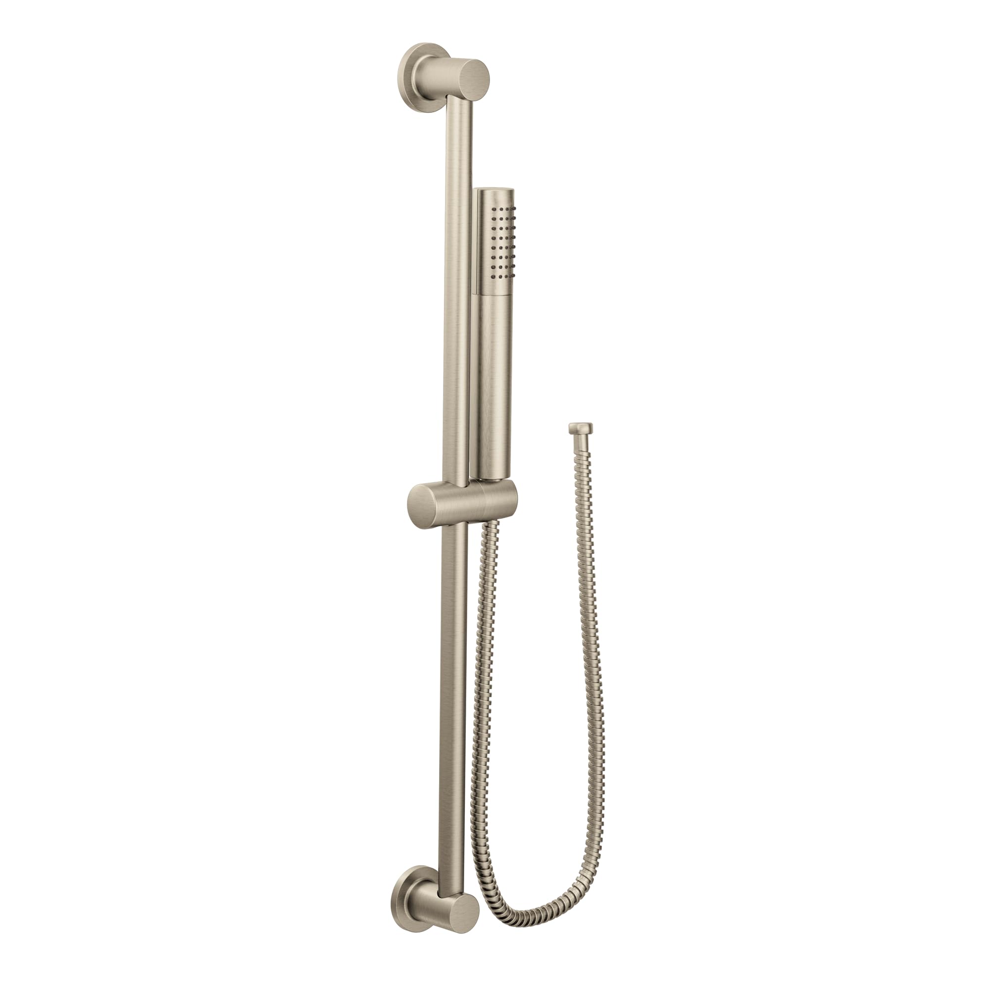 Brushed nickel handheld shower with slide bar, metal hose, and wall-mounted bracket.