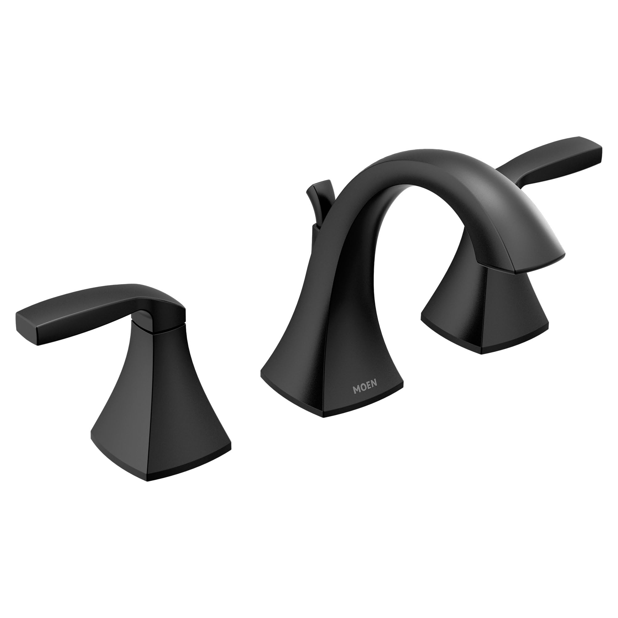 Matte black two-handle widespread bathroom faucet with curved spout and lever handles.