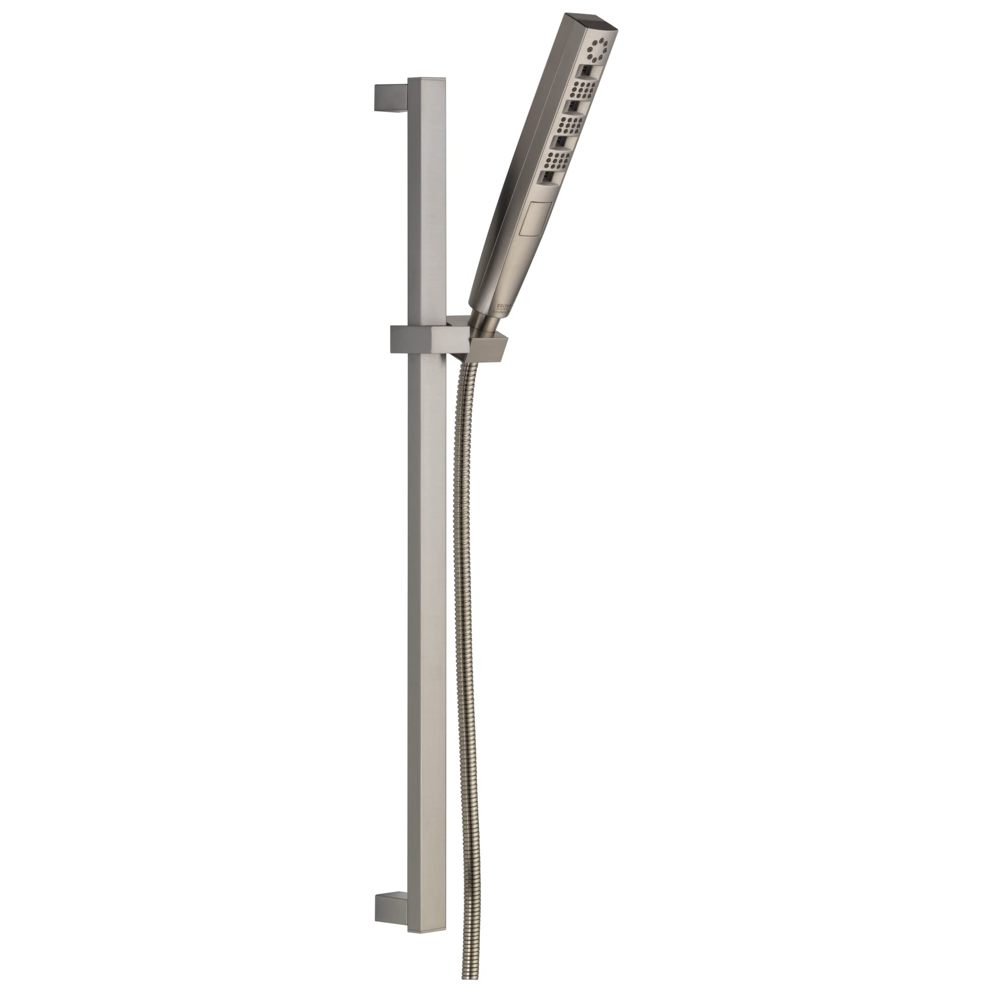 Brushed nickel hand shower with rectangular head mounted on vertical slide bar with hose connection.