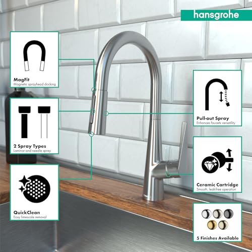 Hansgrohe Talis S steel optic high-arc kitchen faucet with pull-down spray head and feature callouts.