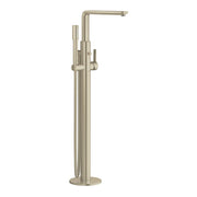 Hard graphite single-handle freestanding tub faucet with angled spout and detachable hand shower on flexible hose.