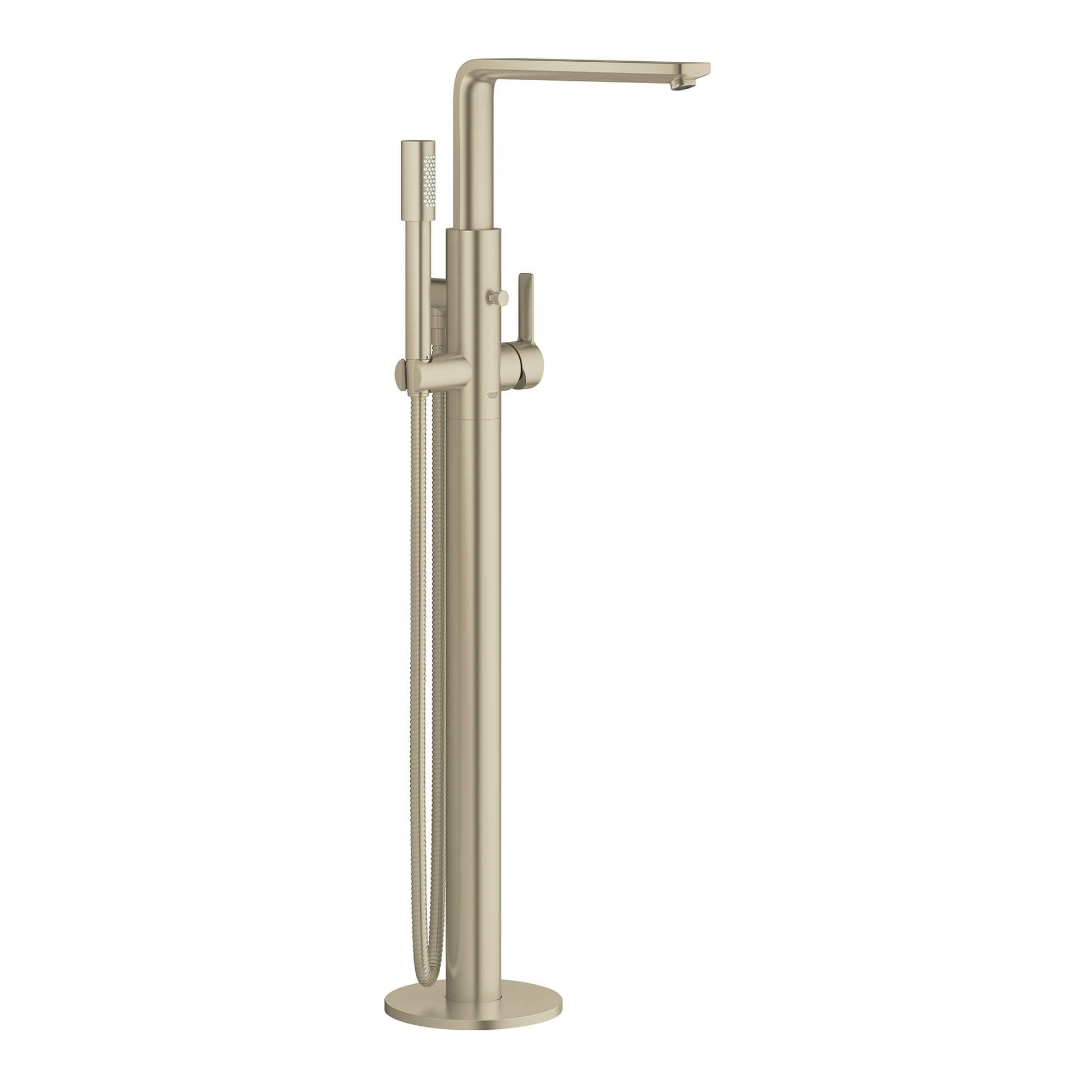 Hard graphite single-handle freestanding tub faucet with angled spout and detachable hand shower on flexible hose.