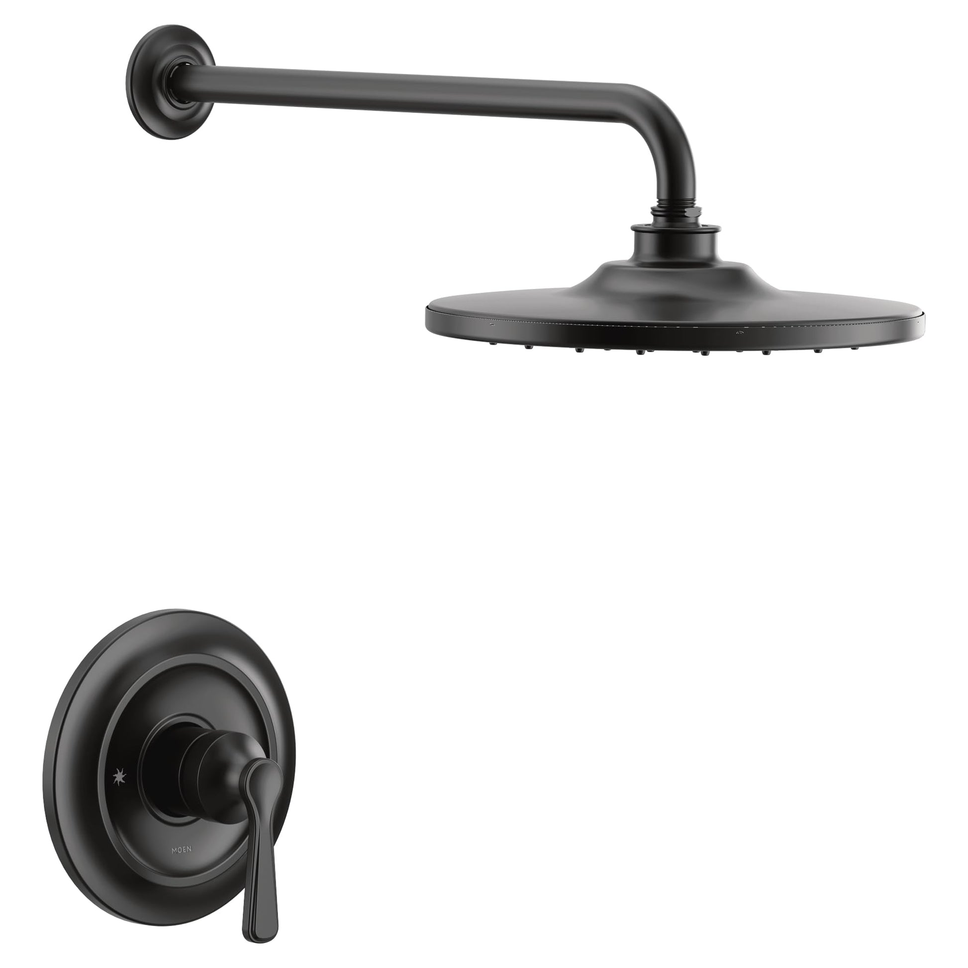 Matte black single-handle shower trim kit with round wall-mounted showerhead and curved arm with control valve.