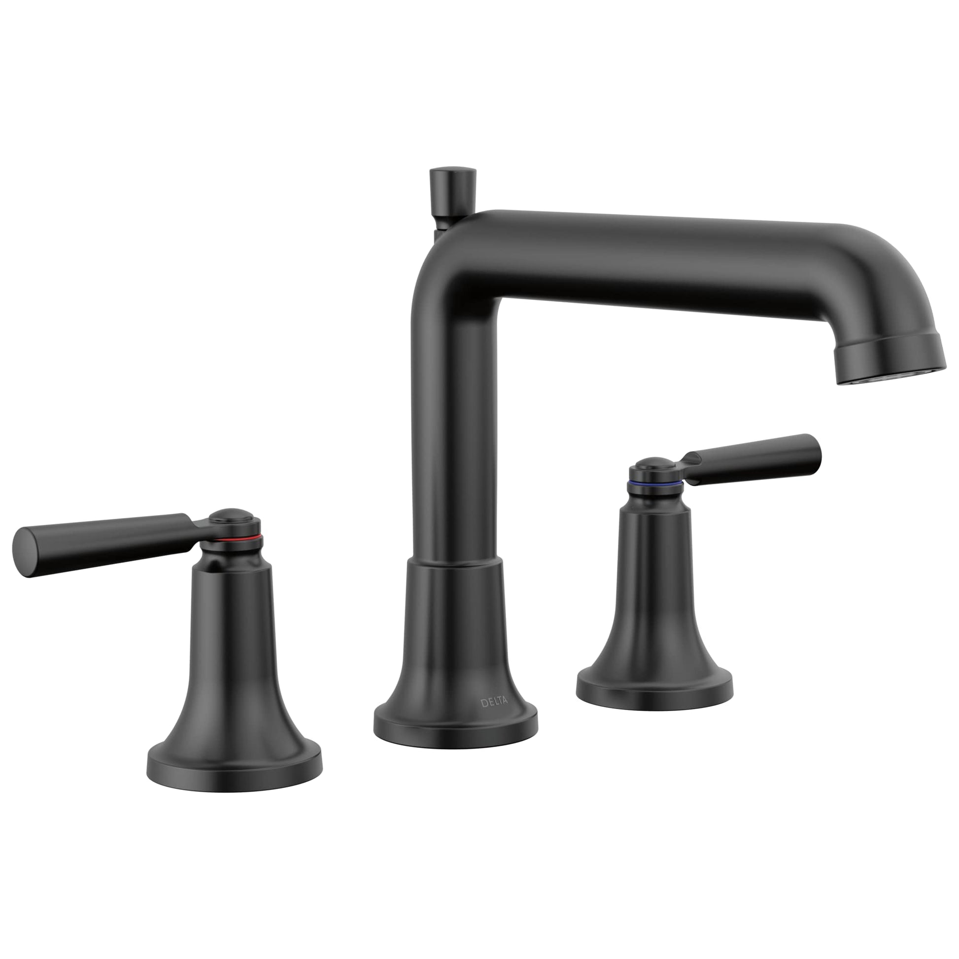 Matte black three-piece roman tub faucet with curved spout and lever handles on pedestal bases.