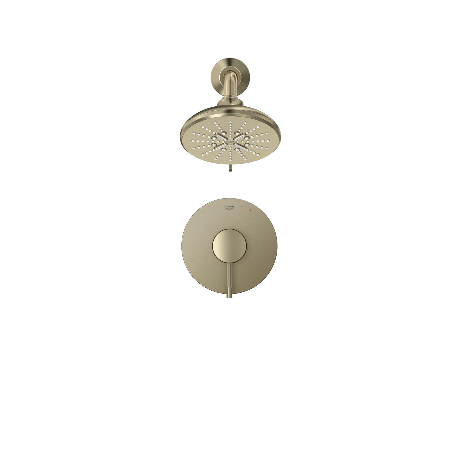 Brushed nickel shower valve combo with round trim plate, circular showerhead, and single lever handle.