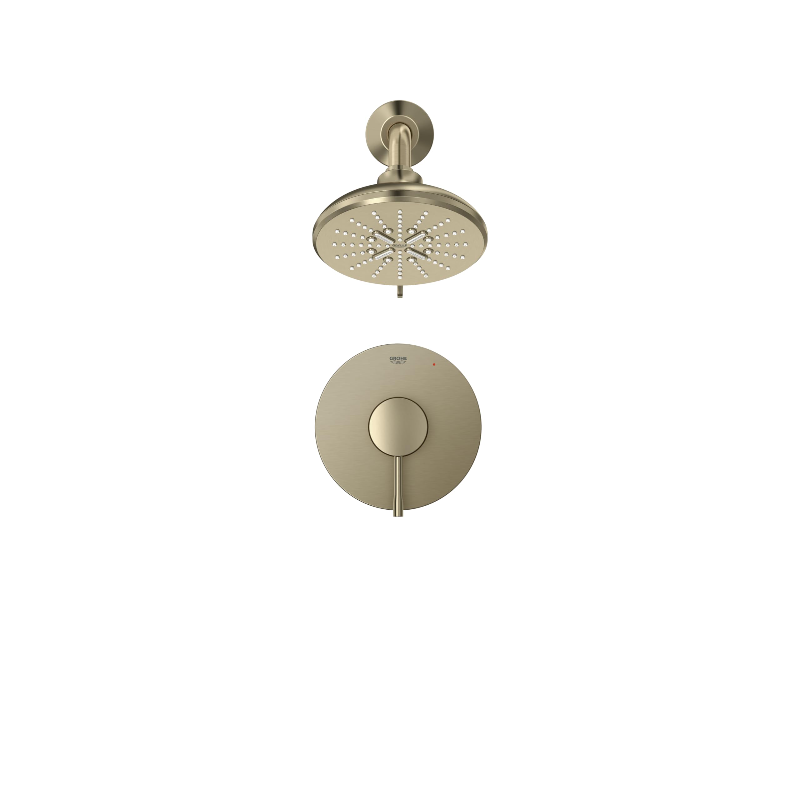Brushed nickel shower valve combo with round trim plate, circular showerhead, and single lever handle.