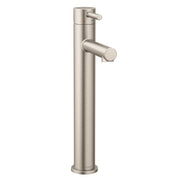 Brushed nickel single-handle vessel faucet with tall cylindrical spout and lever control.