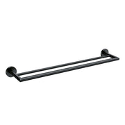 Matte black double towel bar with two parallel horizontal bars mounted on circular wall brackets.