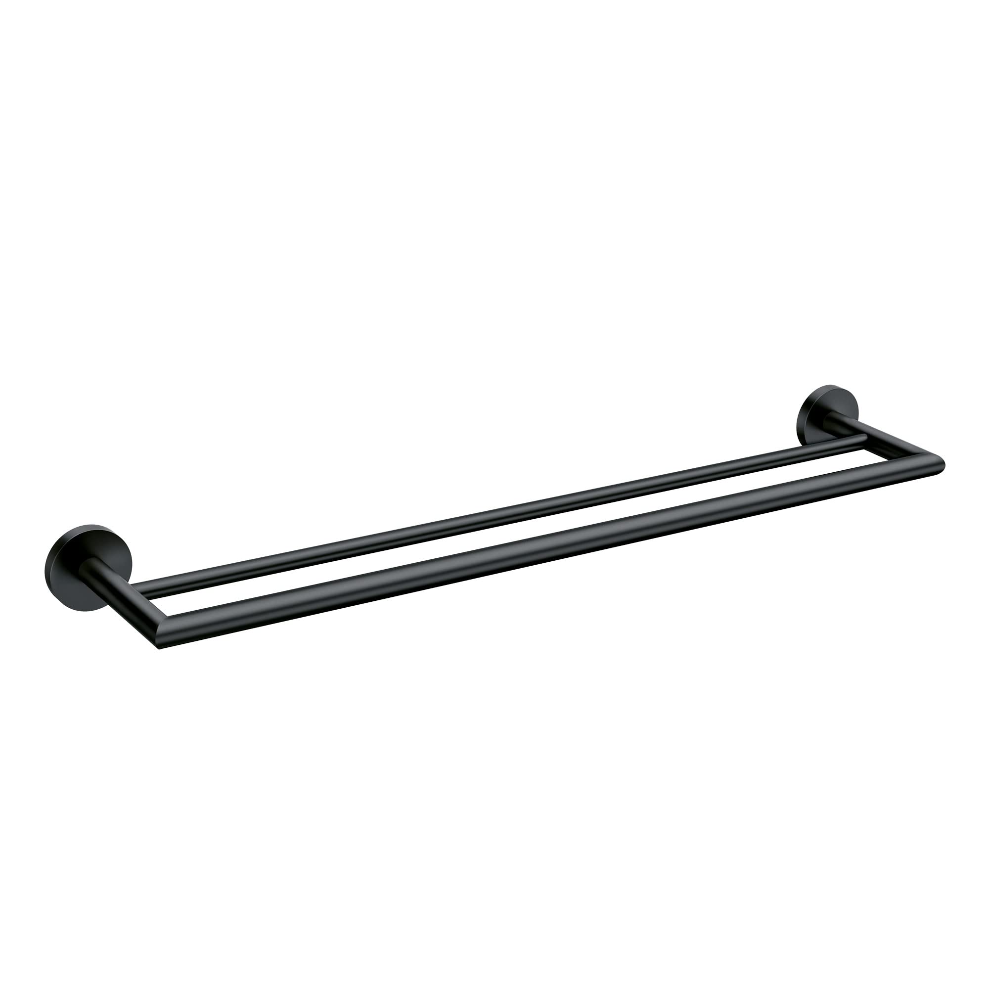 Matte black double towel bar with two parallel horizontal bars mounted on circular wall brackets.