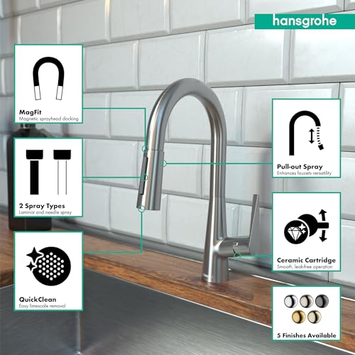 Steel Optic pull-down kitchen faucet with curved spout and spray head, shown with feature callouts for MagFit, 2-spray types,