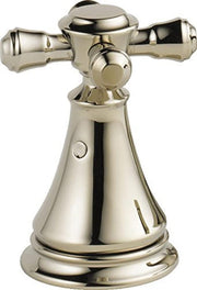Polished nickel deck mount faucet with cross handles, rounded spout base, and control knob.
