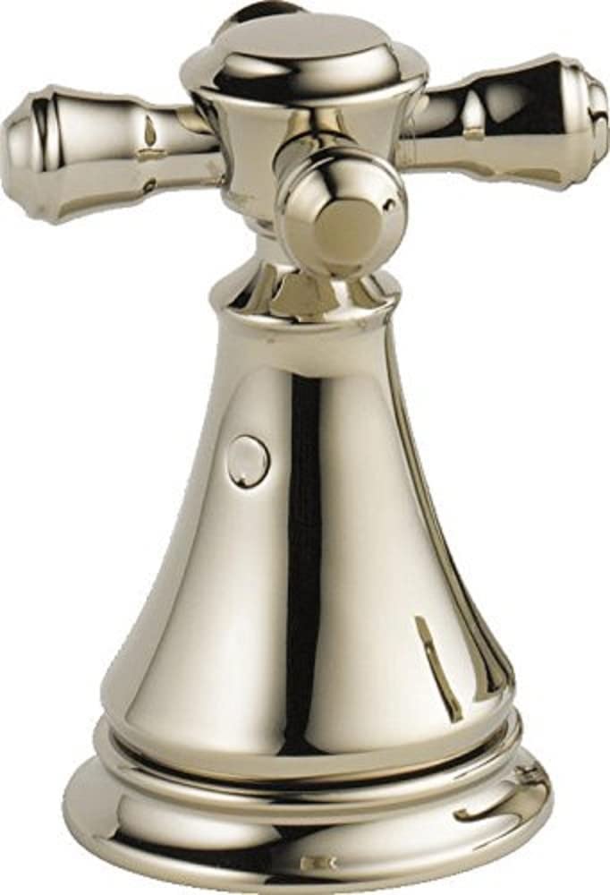 Polished nickel deck mount faucet with cross handles, rounded spout base, and control knob.