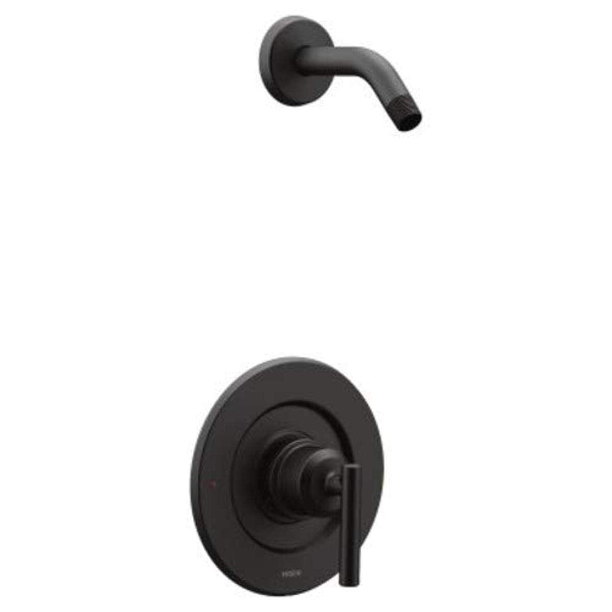 Matte black single handle shower trim with curved wall-mounted arm and round escutcheon plate, without showerhead.
