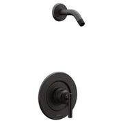 Matte black single handle shower trim with curved wall-mounted arm and round escutcheon plate, without showerhead.