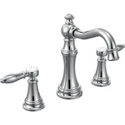 Polished nickel two-handle high arc bathroom faucet with tapered spout and lever handles.