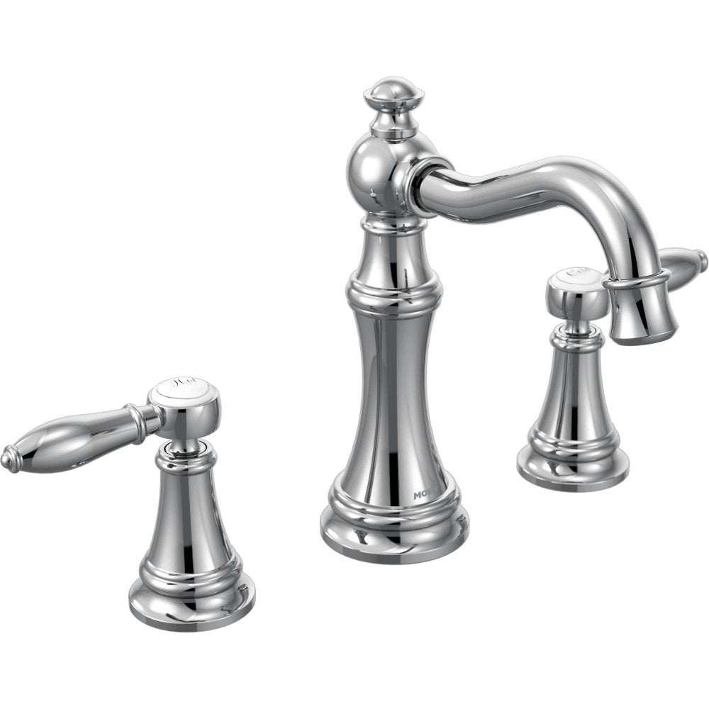 Polished nickel two-handle high arc bathroom faucet with tapered spout and lever handles.