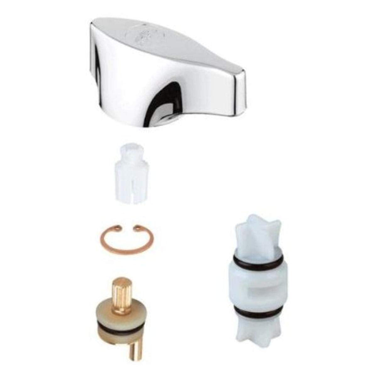 Chrome 3-way diverter valve trim with replacement cartridges and internal components displayed separately.