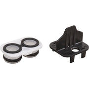 White and black plastic cartridge adapter with two circular openings and mounting tabs for Delta MultiChoice 17 Series.