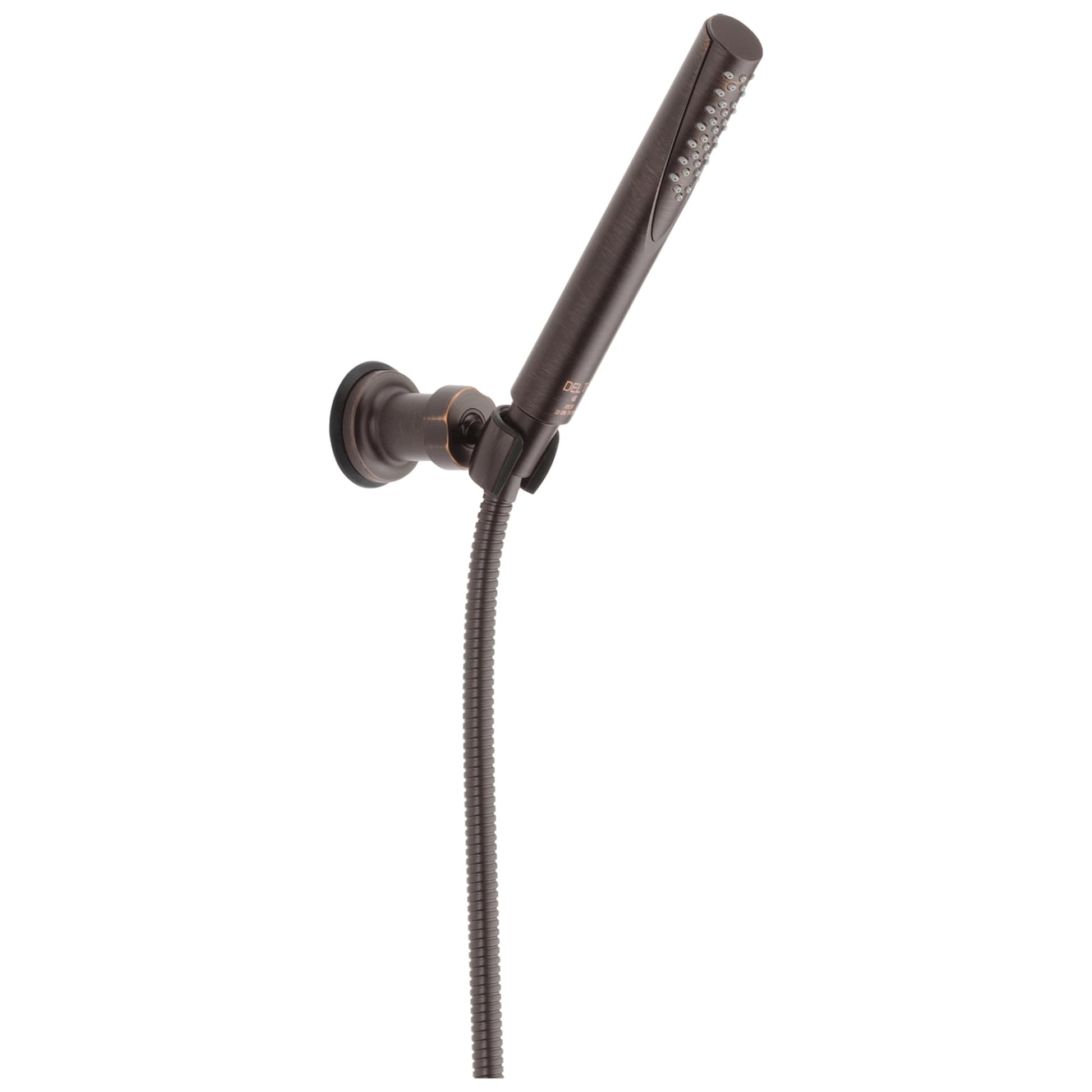 Bronze wall-mounted hand shower with adjustable holder and flexible hose connection.