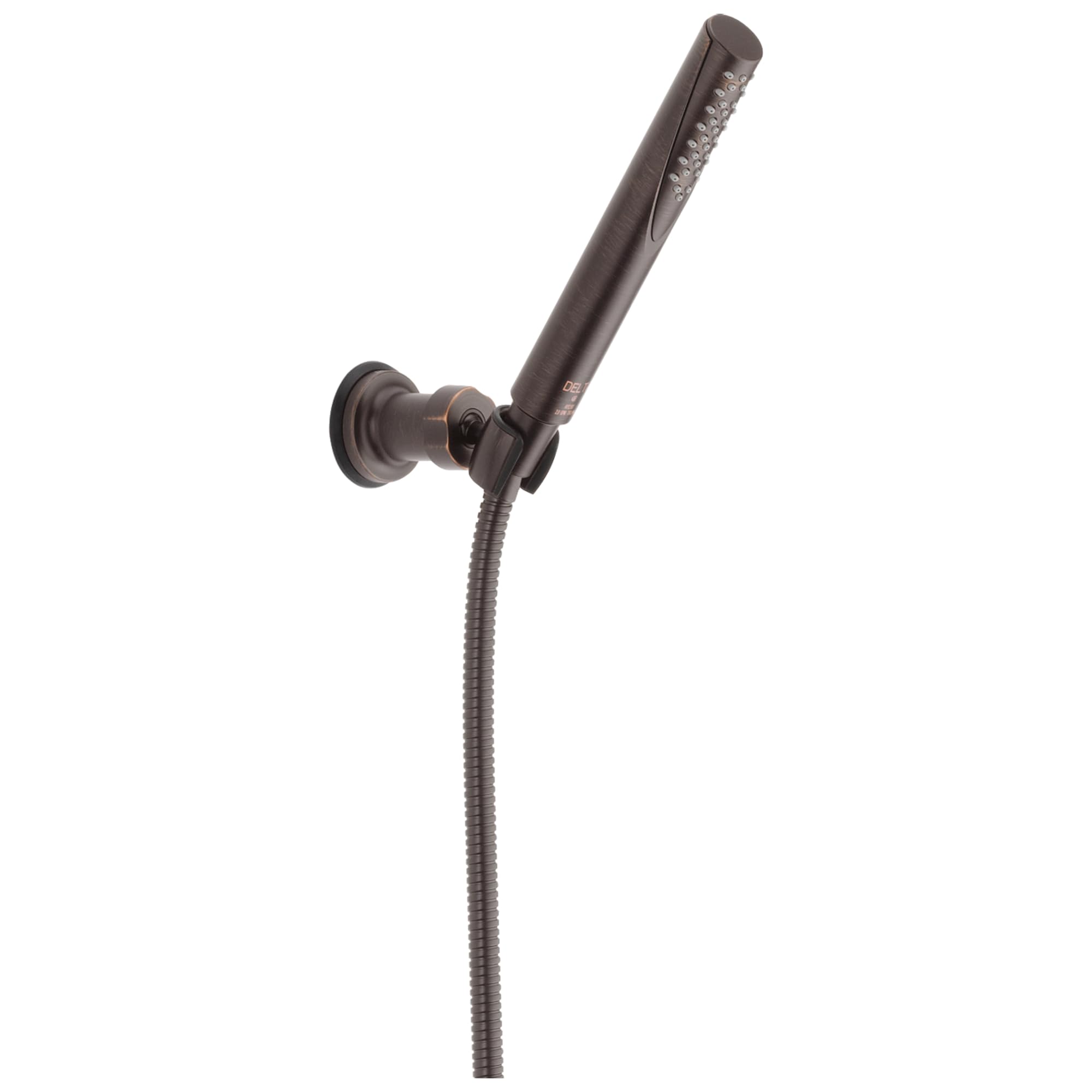 Bronze wall-mounted hand shower with adjustable holder and flexible hose connection.