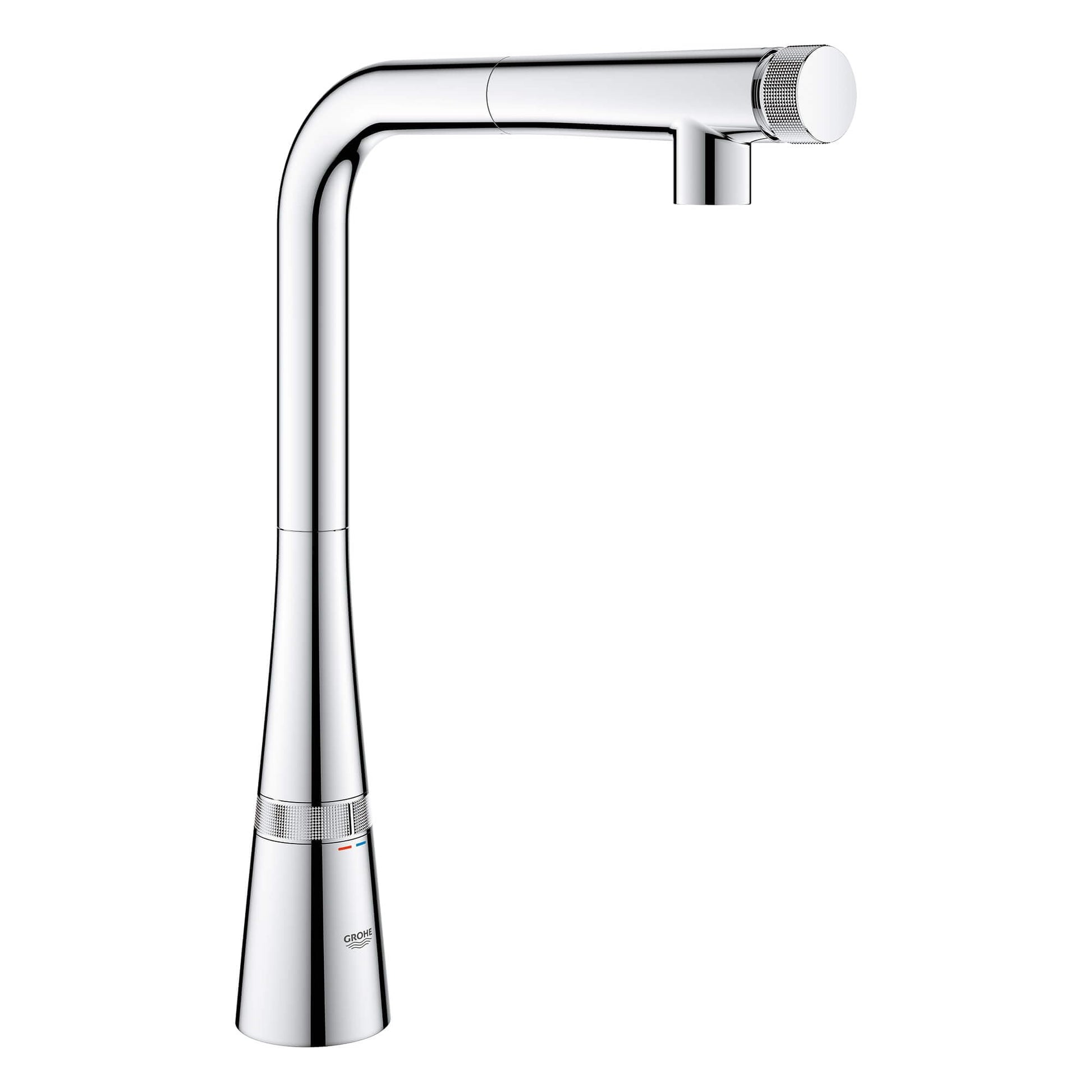 Chrome pull-out kitchen faucet with tall curved spout and textured control handle on base.