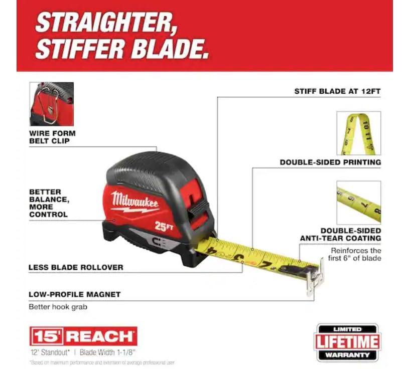 Red and black Milwaukee 25ft tape measure with yellow blade, wire form belt clip, and low-profile magnet hook.