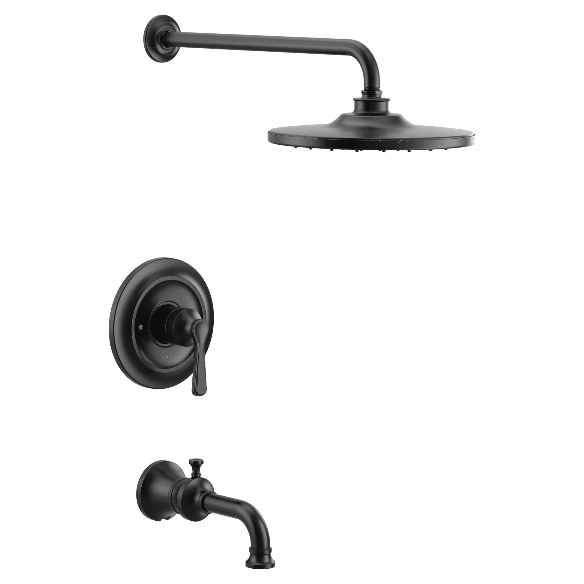 Matte black tub and shower trim kit with single lever handle, overhead showerhead, wall-mounted valve, and tub spout.