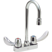 Chrome commercial bathroom faucet with two lever handles and tall curved spout.