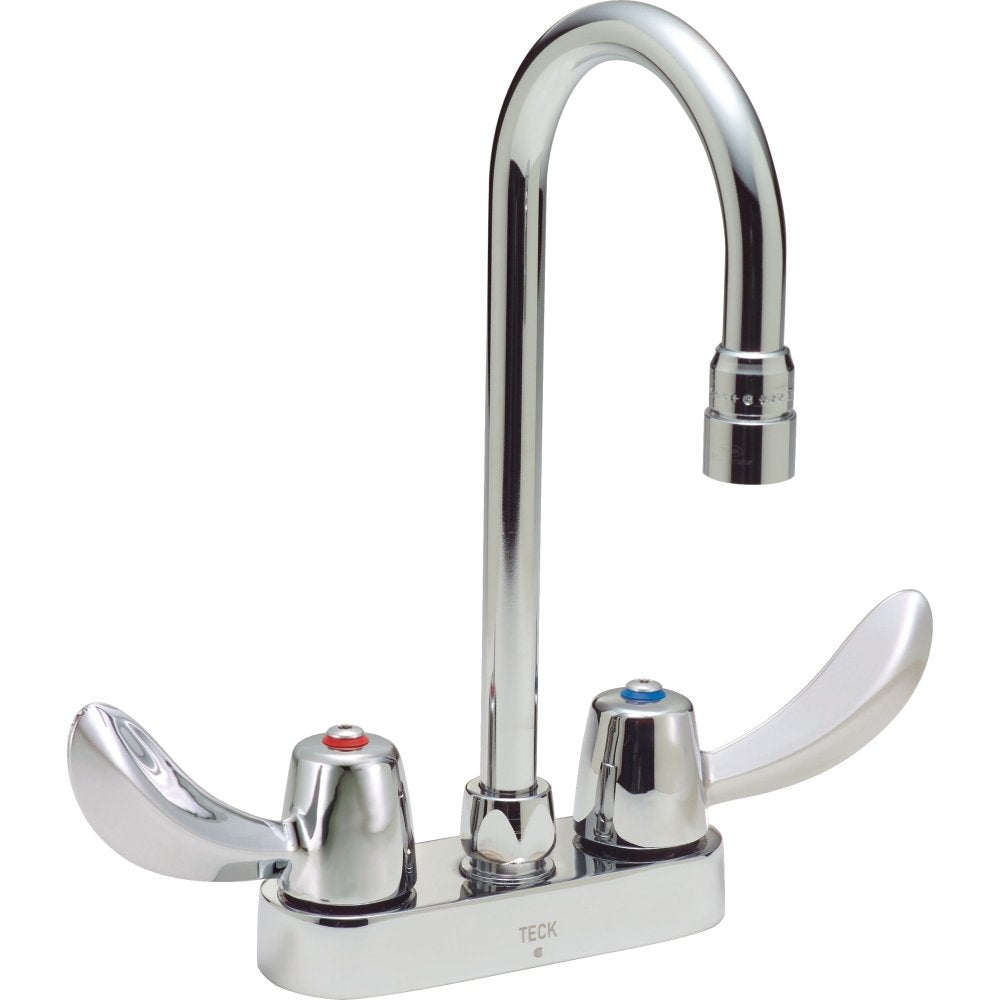 Chrome commercial bathroom faucet with two lever handles and tall curved spout.