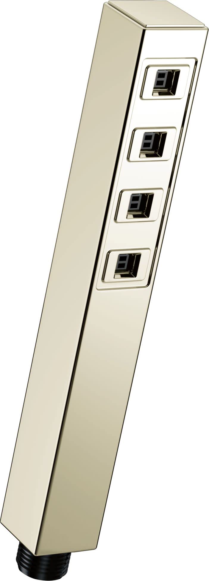 Square hand shower with champagne bronze finish and four spray setting buttons arranged vertically on the face.