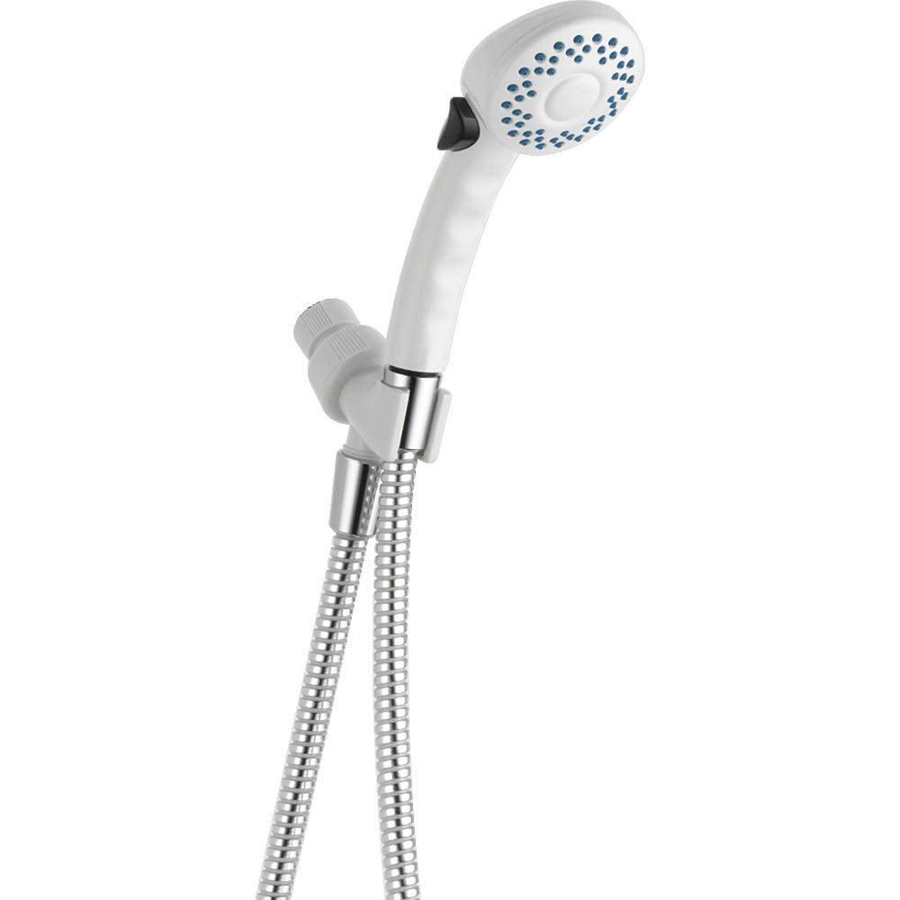 White hand shower head with blue water holes, white grip handle, black adjustment dial, and chrome flexible hose with bracket