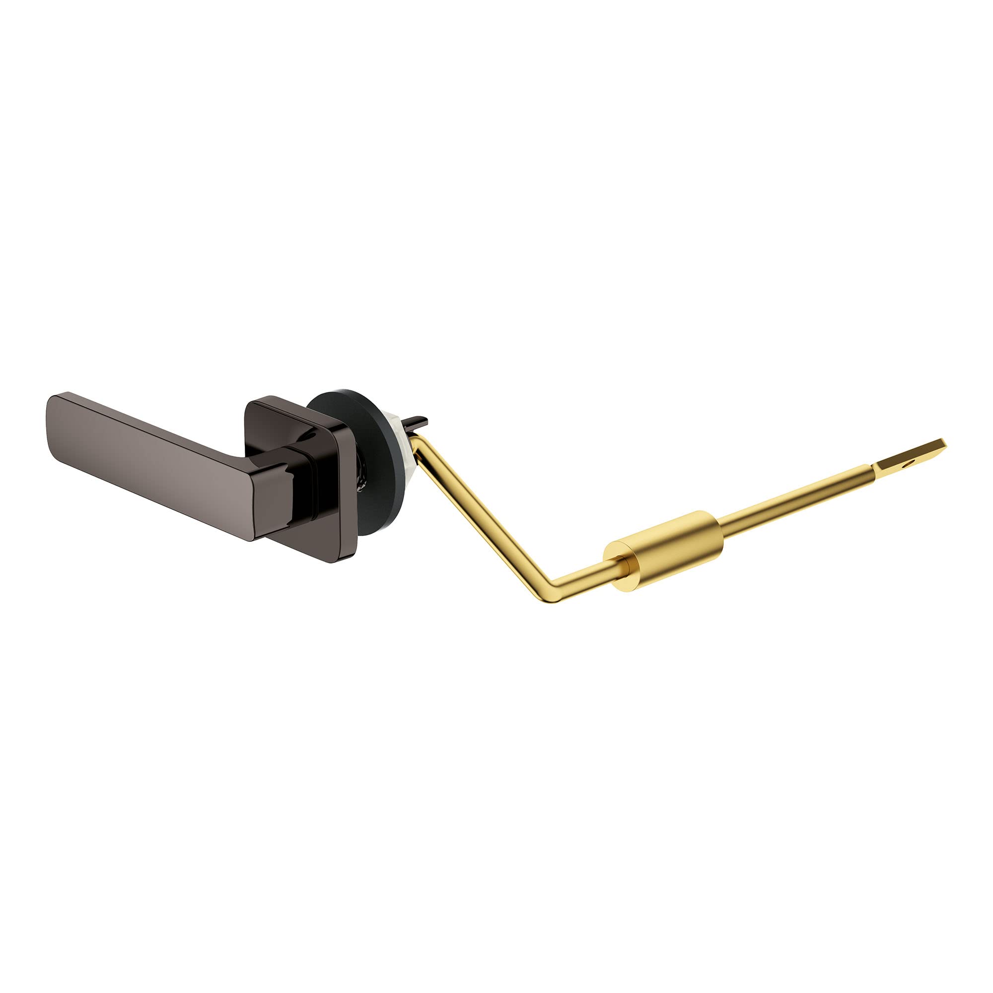 Grohe Eurocube left-hand trip lever in hard graphite with brass internal mechanism, shown assembled and disassembled.