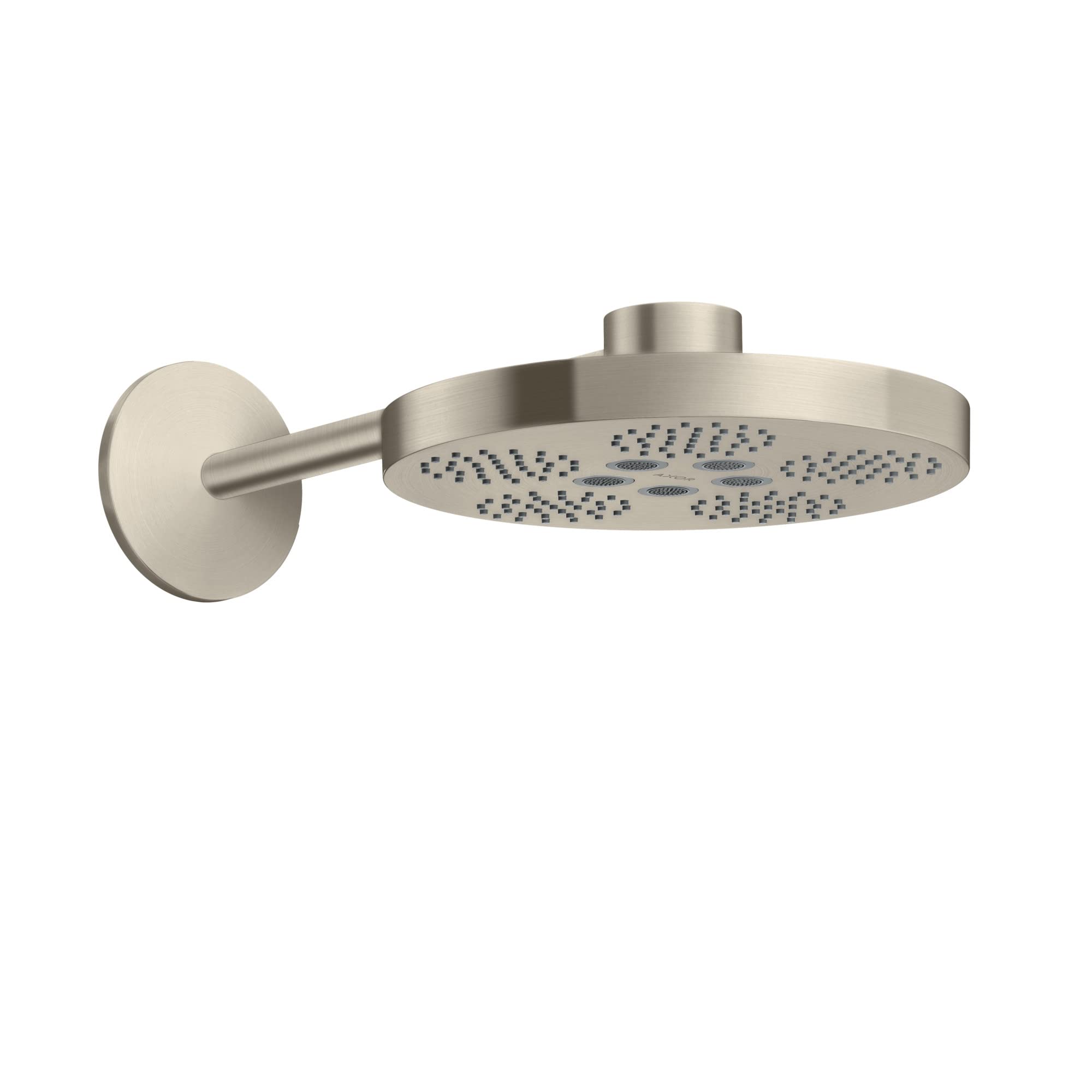 Brushed nickel round shower head with 2-jet spray pattern and matching wall-mounted arm trim.