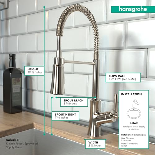Polished nickel semi-pro kitchen faucet with coiled spray hose, high arched spout, and single handle lever control.
