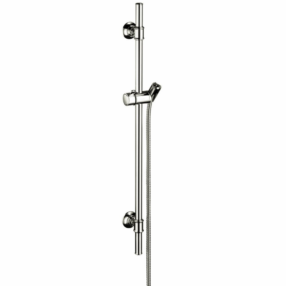 Polished nickel wallbar with vertical rail, adjustable handshower holder, and wall mounts.