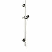 Polished nickel wallbar with vertical rail, adjustable handshower holder, and wall mounts.