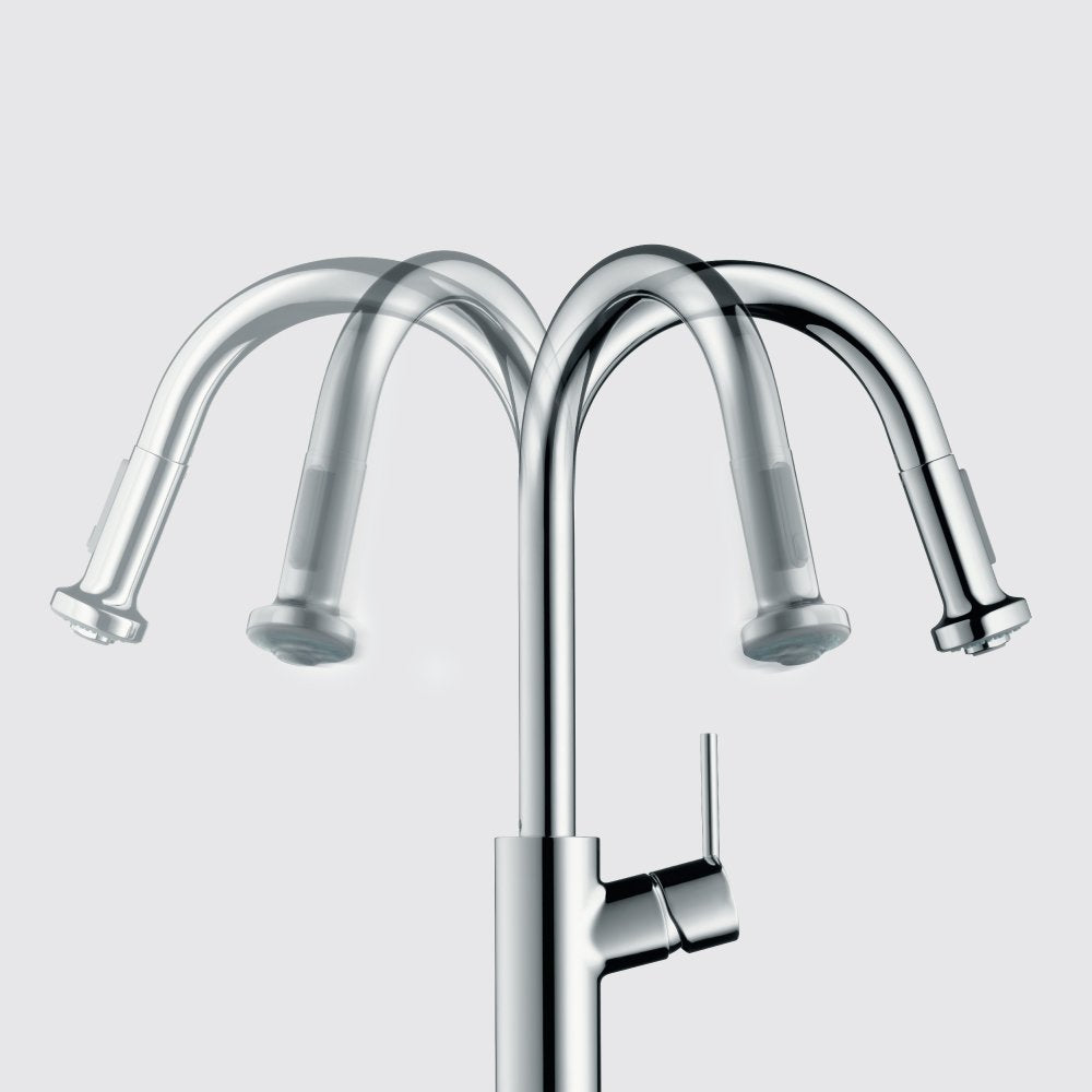 Chrome high-arc kitchen faucet with two pull-down spray heads and single lever handle.