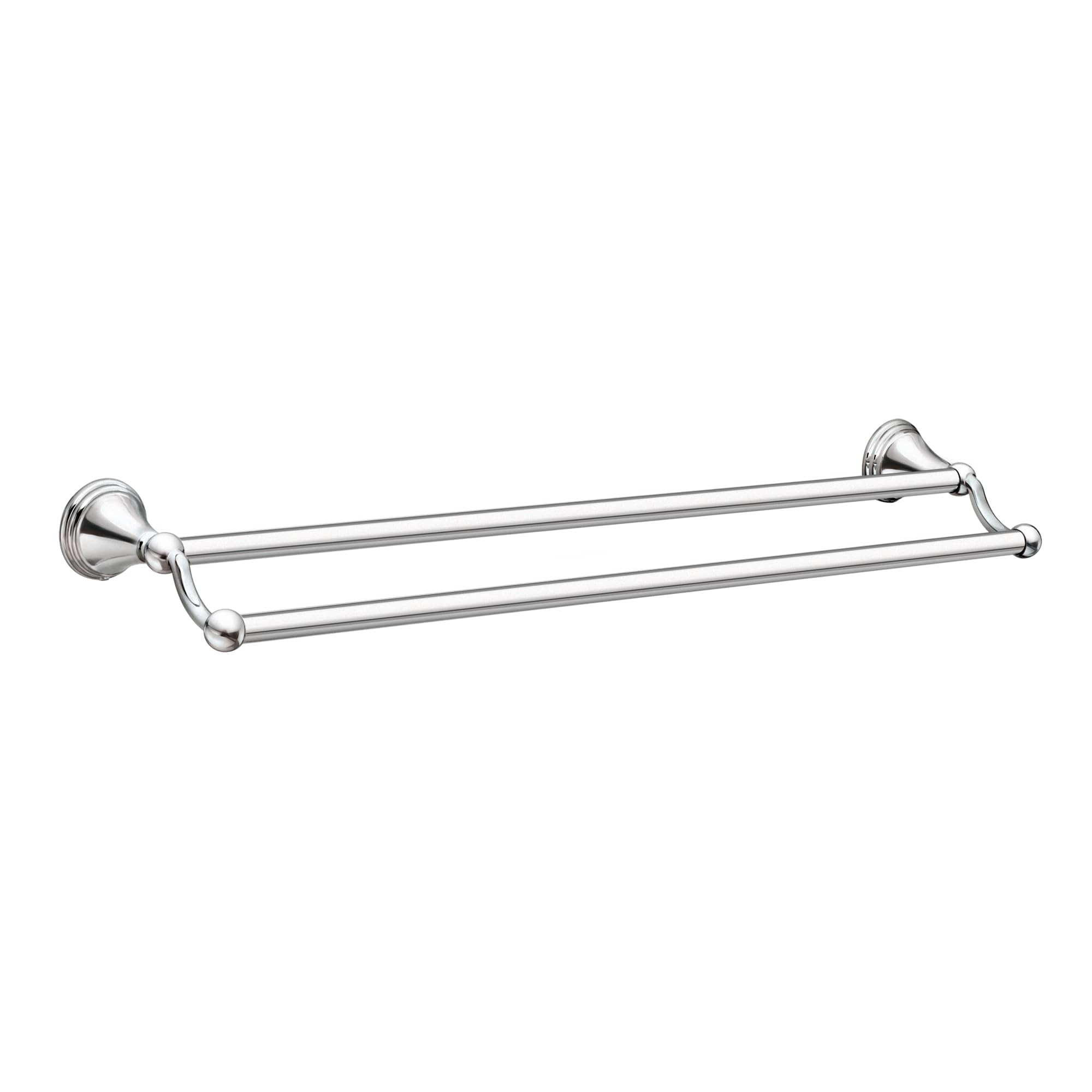 Chrome double towel bar with two parallel horizontal rails mounted on round wall brackets.
