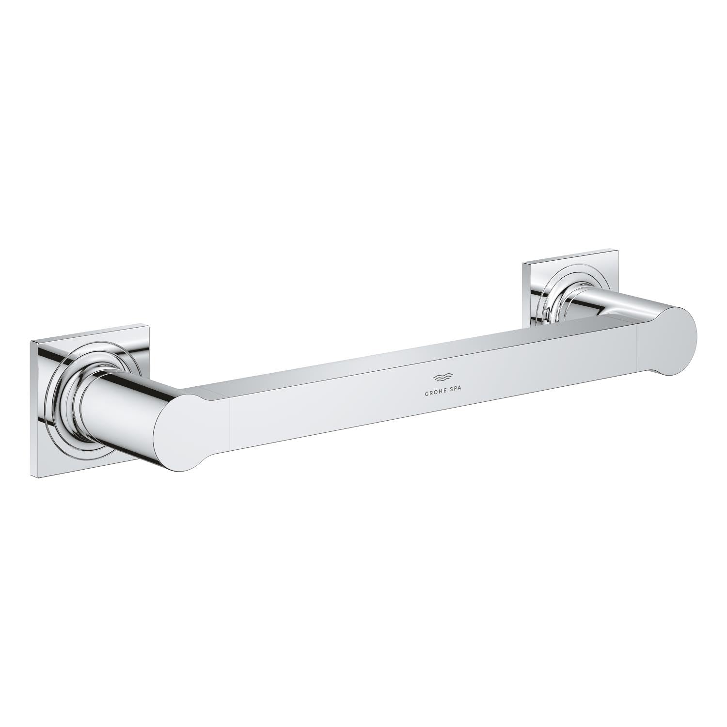Chrome grab bar with cylindrical grip and square mounting flanges on each end.