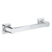 Chrome grab bar with cylindrical grip and square mounting flanges on each end.