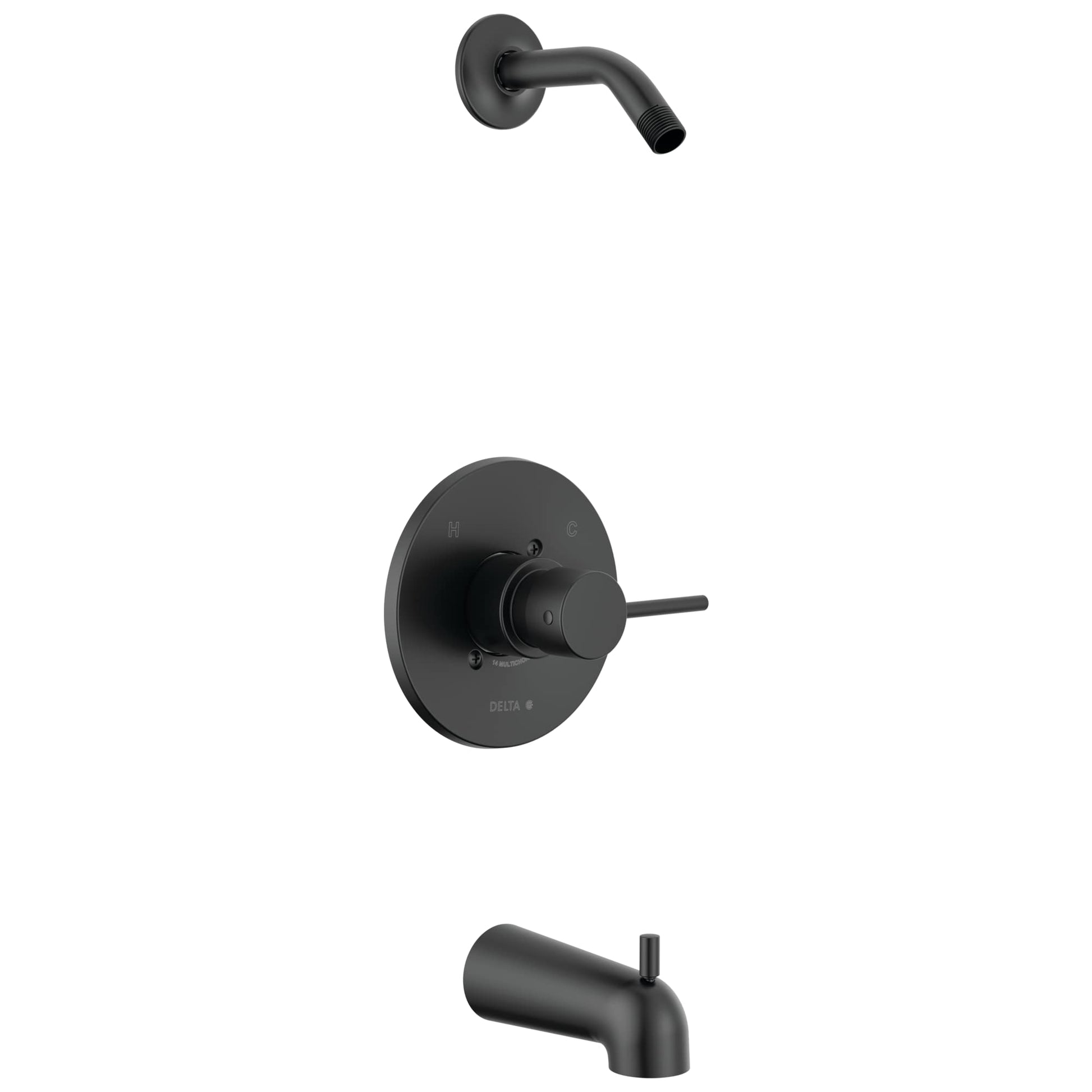 Black matte finish tub and shower trim with single lever handle, curved spout, and wall-mounted showerhead.