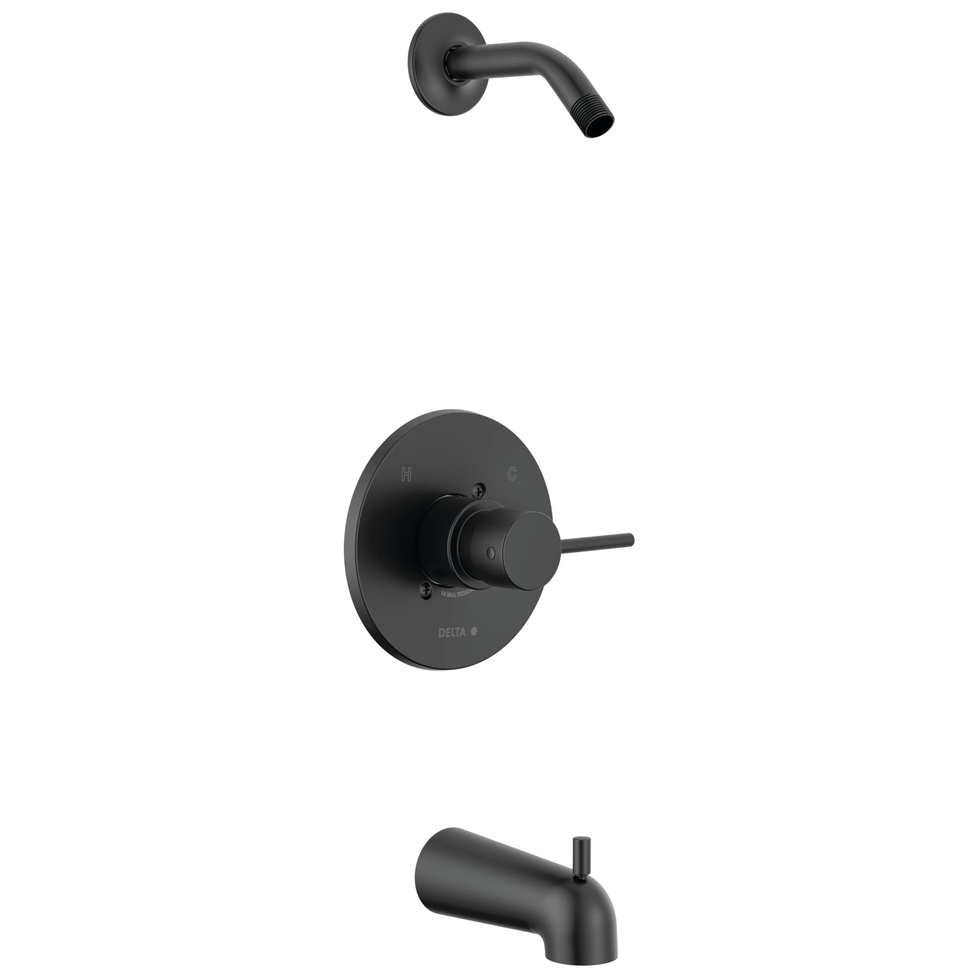 Black matte finish tub and shower trim with single lever handle, curved spout, and wall-mounted showerhead.