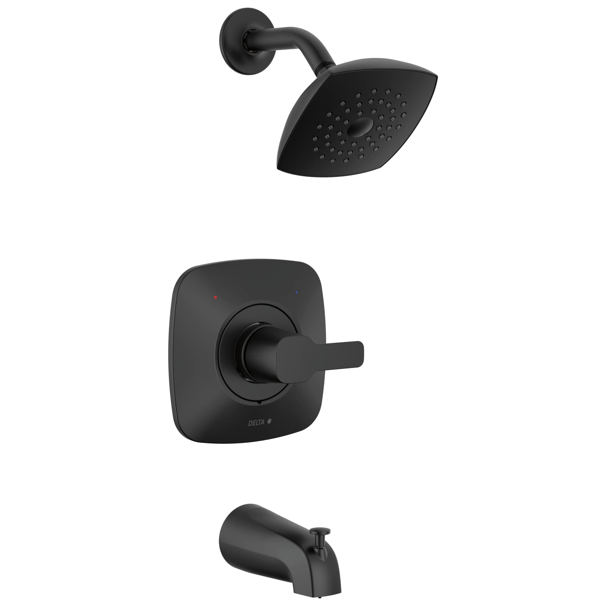 Black matte shower trim set with rounded square valve trim plate, showerhead with perforated face, and tub spout.