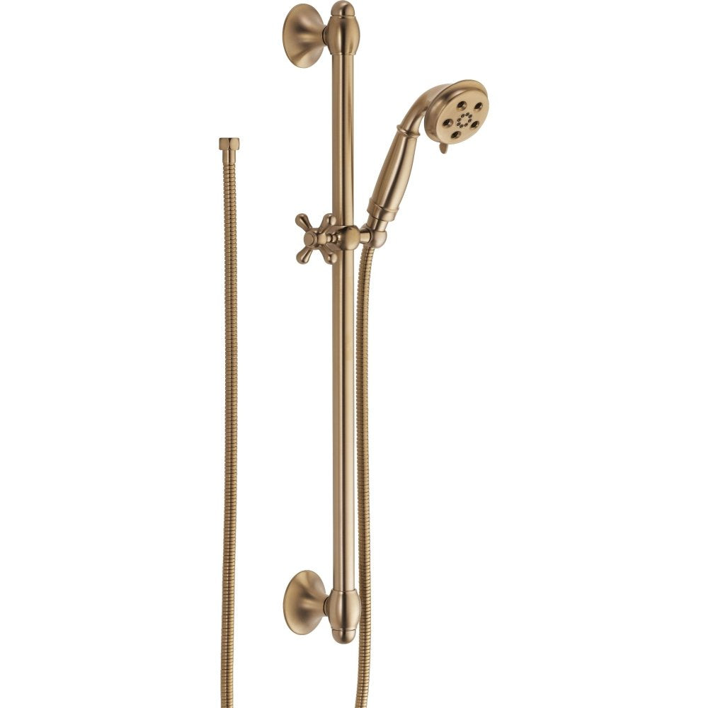 Brushed bronze slide bar shower system with fixed head, hand shower, valve controls, and hoses.