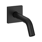 Matte black curved shower arm with square wall flange extending from wall mount.
