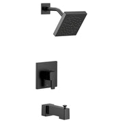 Matte black tub and shower trim kit with single handle valve, showerhead, and tub spout.