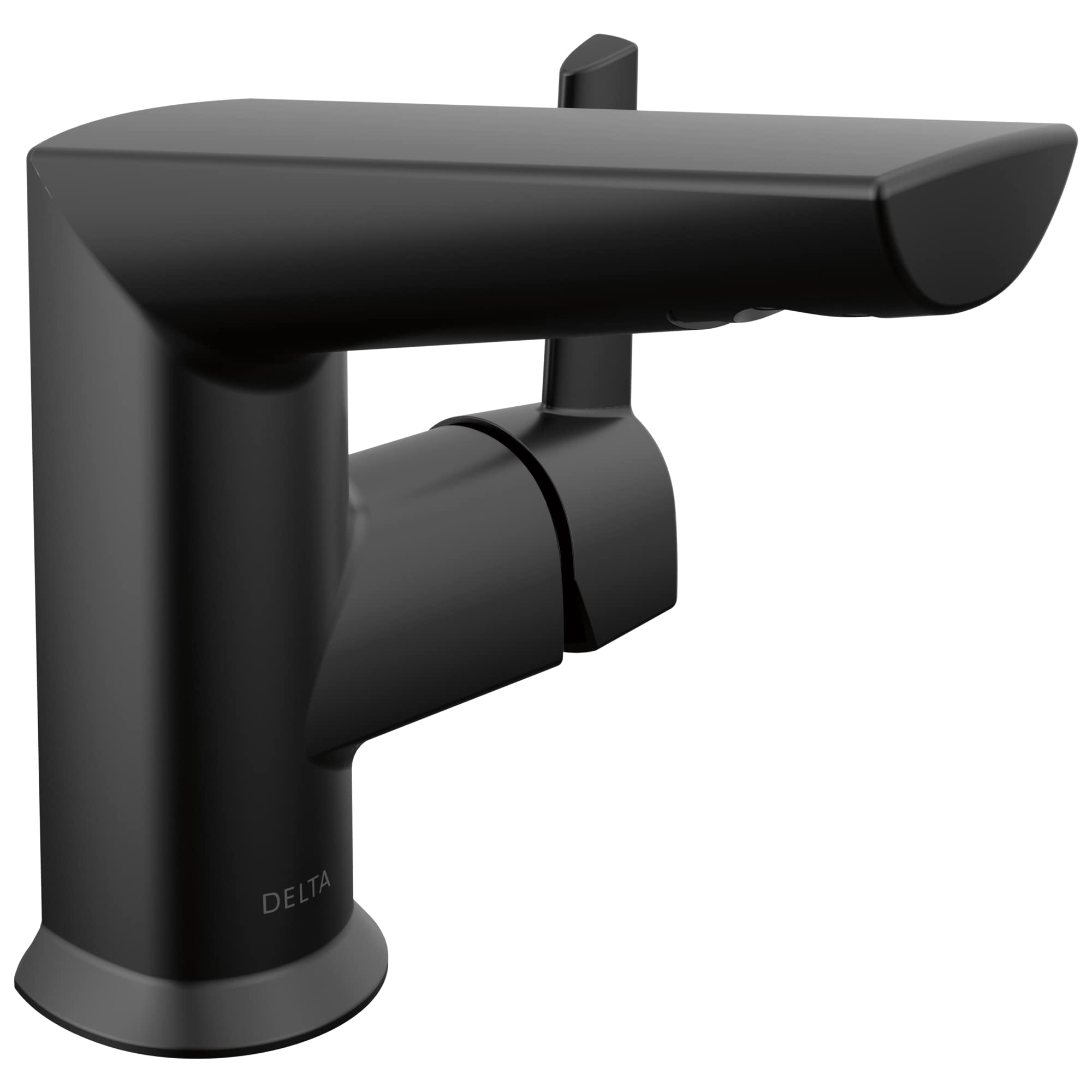 Black single-handle bathroom faucet with side lever handle, curved spout, and pop-up drain assembly.
