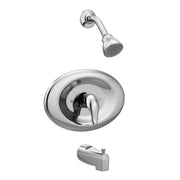 Chrome tub and shower trim kit with single-handle valve, showerhead, and tub spout.